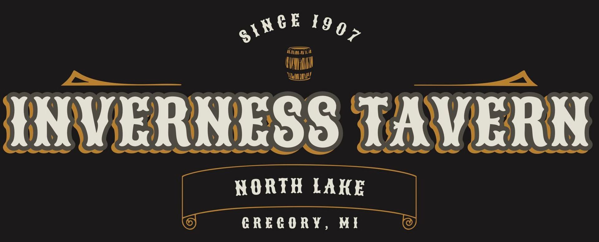 Logo for Inverness Tavern, North Lake, Gregory, MI. Features text in an old-style font, with a barrel graphic.