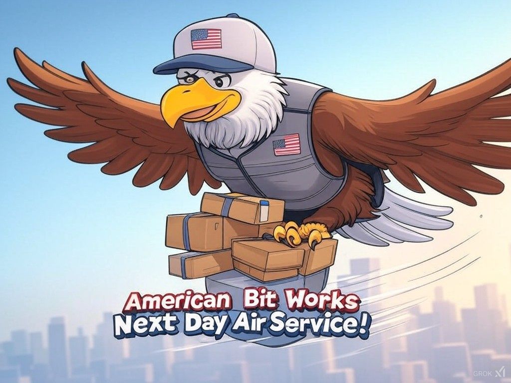 Cartoon image of an eagle delivering boxes clutched in it talons.