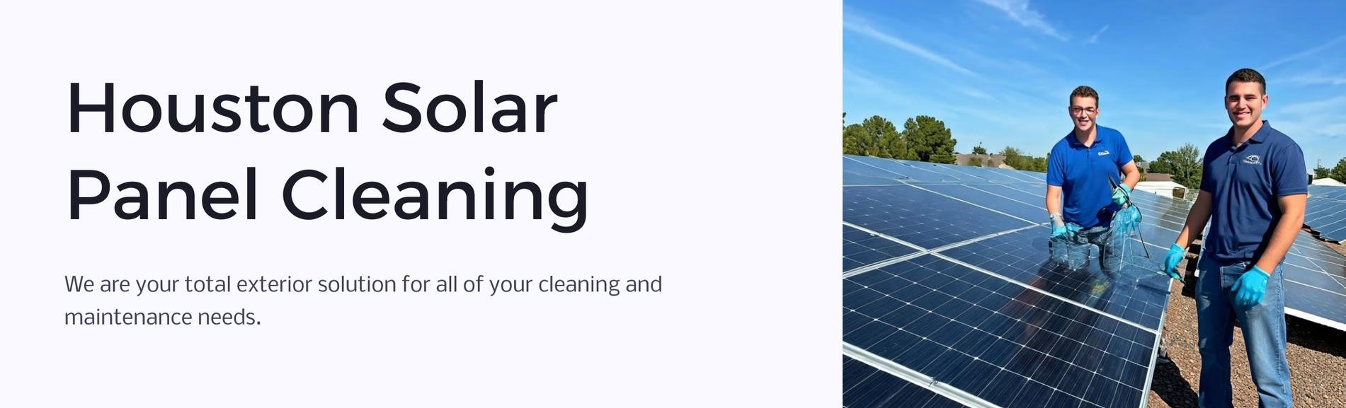 Two men are cleaning solar panels in a field.