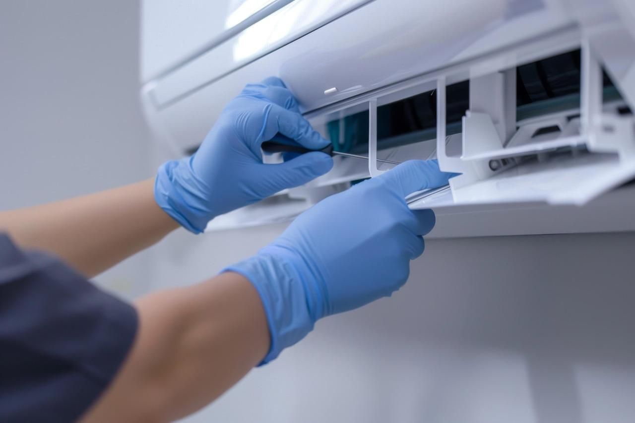 a person fixing an air conditioner with gloves on.