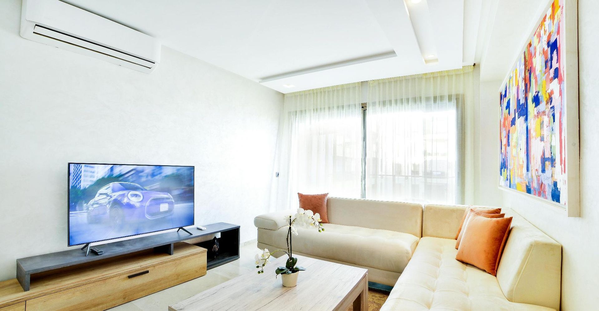 bright living room interior with balanced temperature and efficient HVAC system