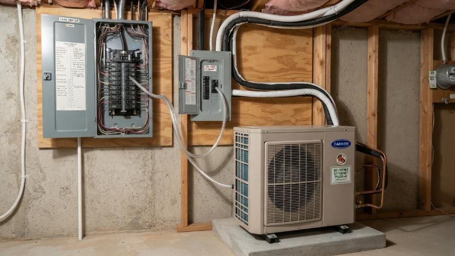 A utility room features an indoor Carrier HVAC unit and electrical panels mounted on the wall