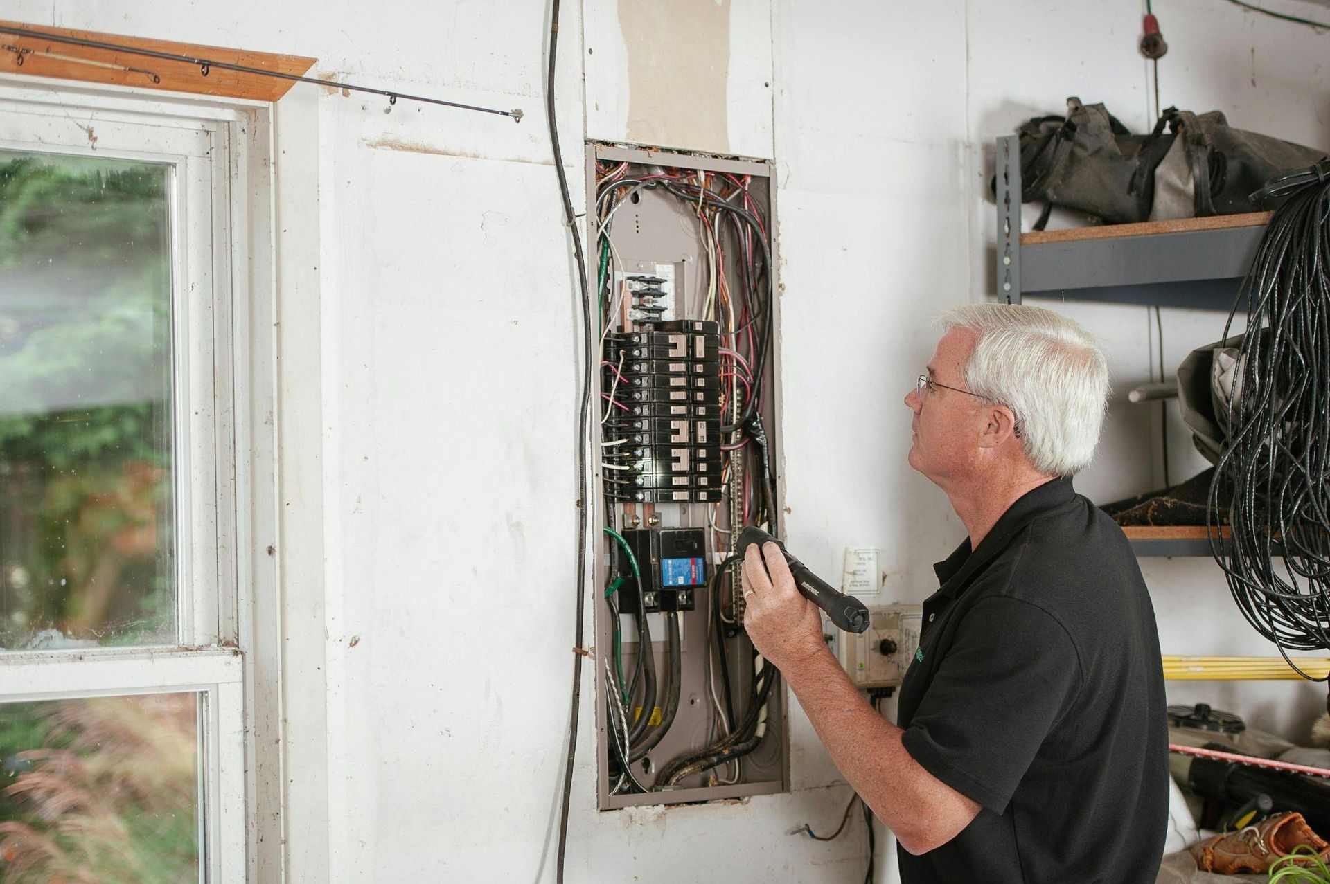 This photo shows an electrician working on a fuse box. 