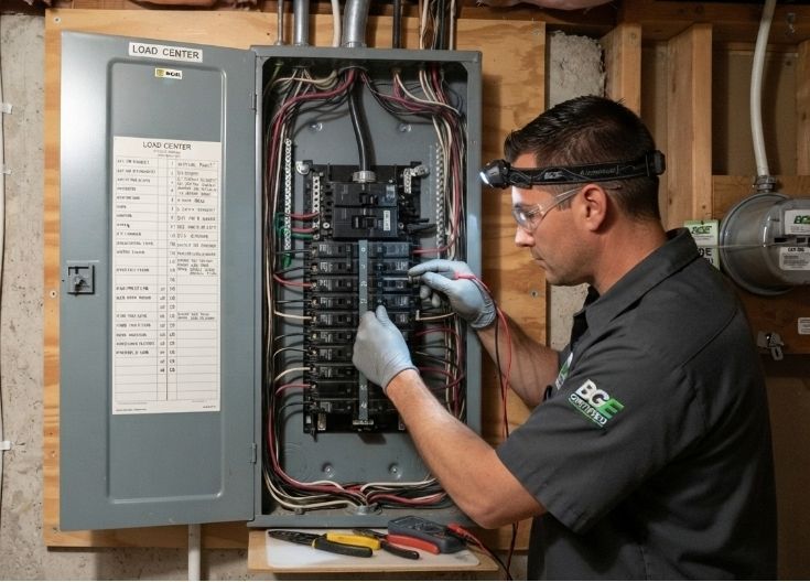 a technician inspecting an electrical panel that is connected to a heat pump