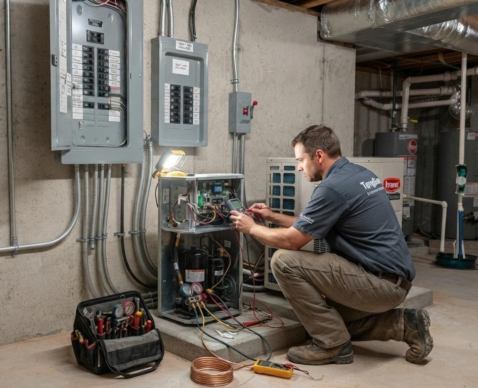 a technician working on a heat pump electrical panel