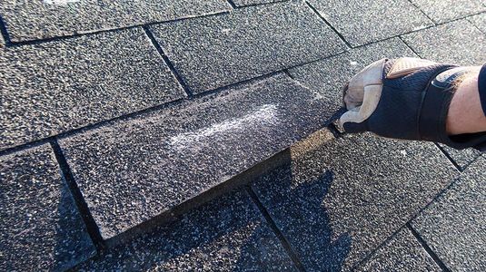 A person is cleaning a roof with a brush.
