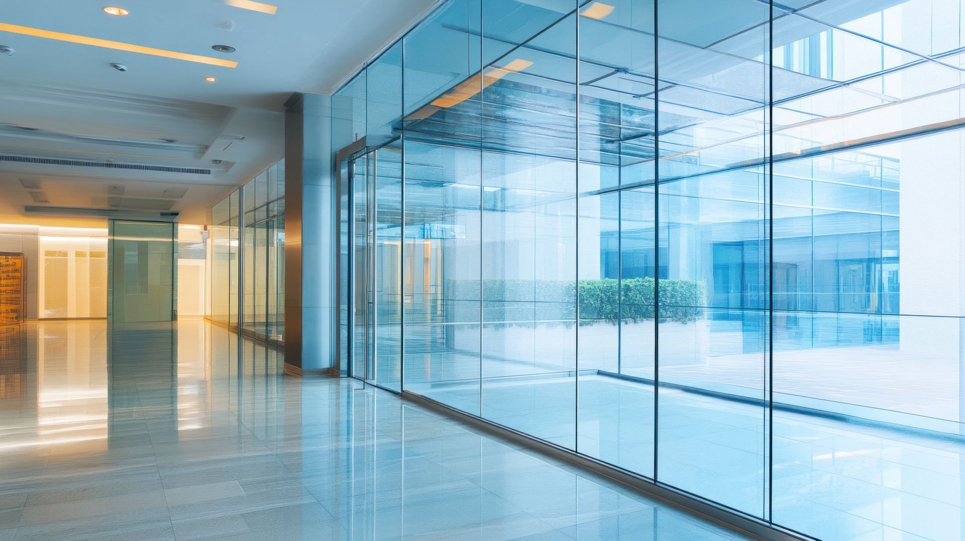 Couloir de bureau moderne et minimaliste avec un sol poli, des cloisons vitrées et un éclairage vif aux tons froids.