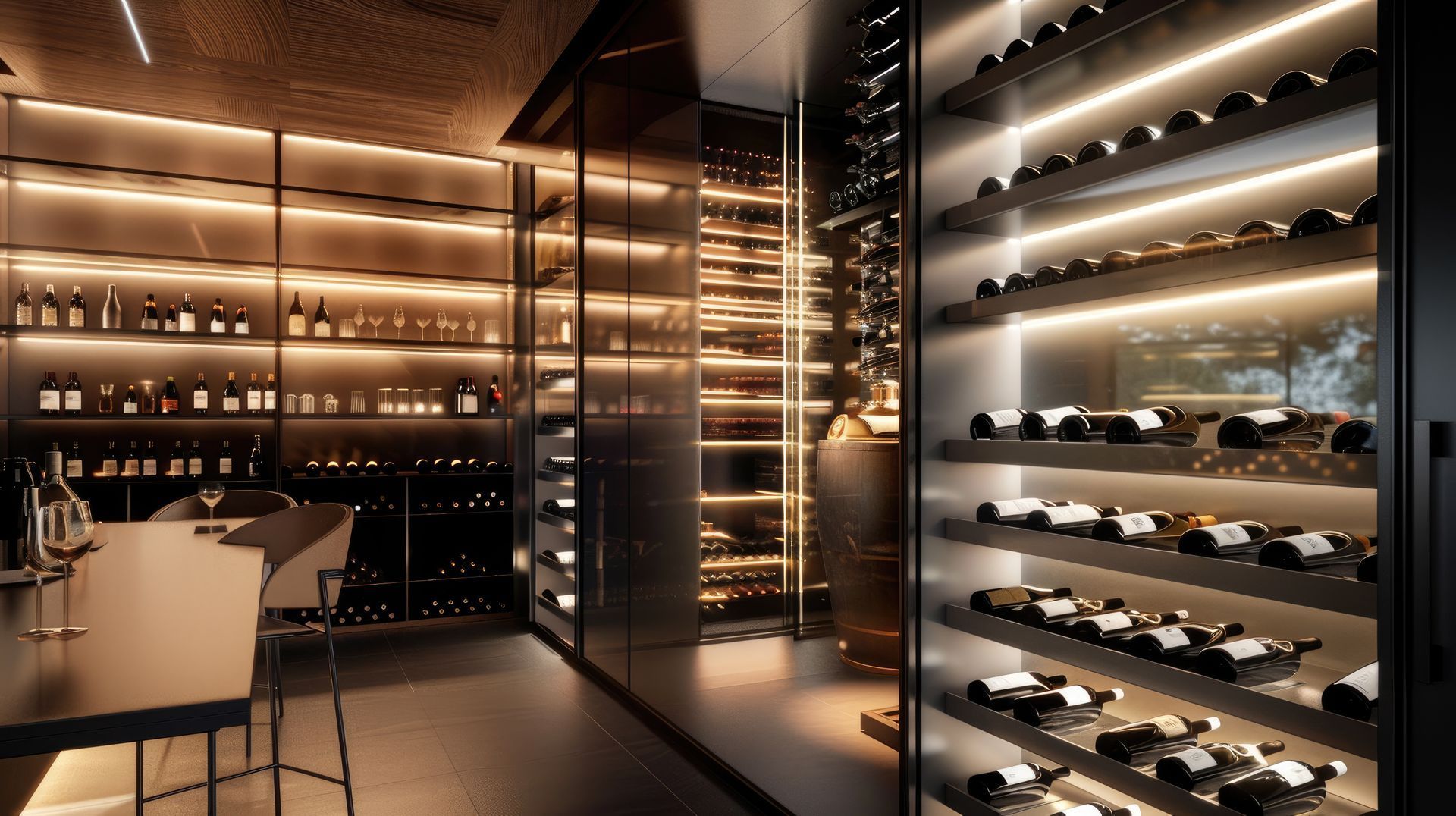 Une cave à vin moderne, à l'éclairage tamisé, avec des étagères éclairées, des rangées de bouteilles de vin et une petite table de dégustation.