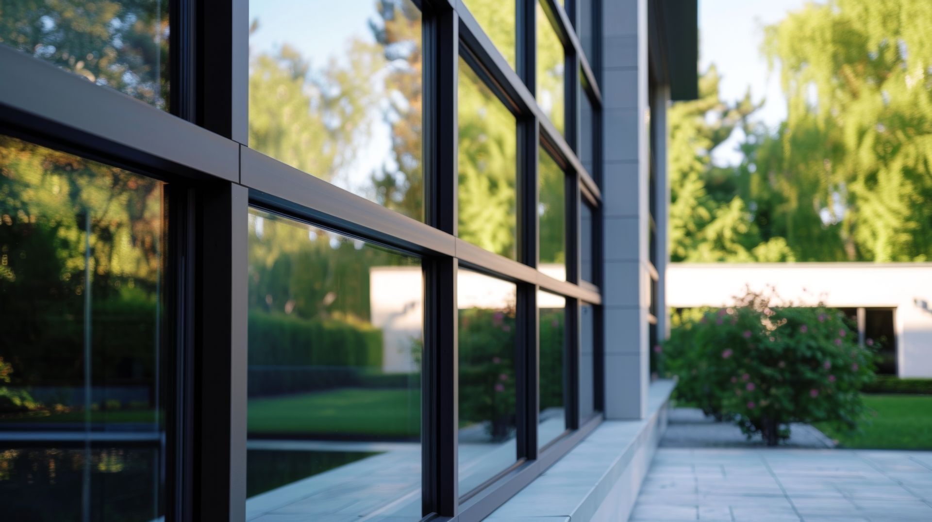 Un bâtiment avec beaucoup de fenêtres et un reflet d'arbres dans les fenêtres.