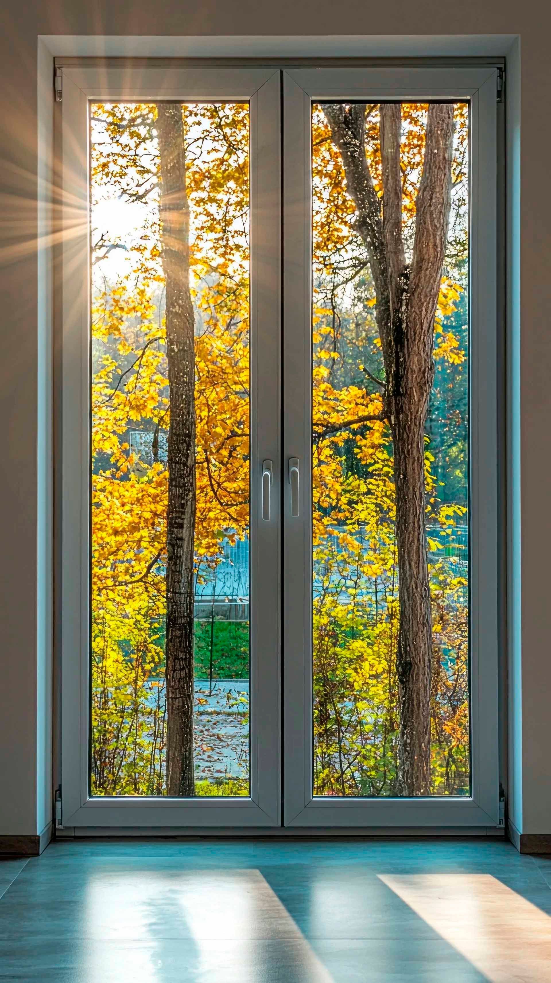 Le soleil brille à travers les arbres à travers la fenêtre.