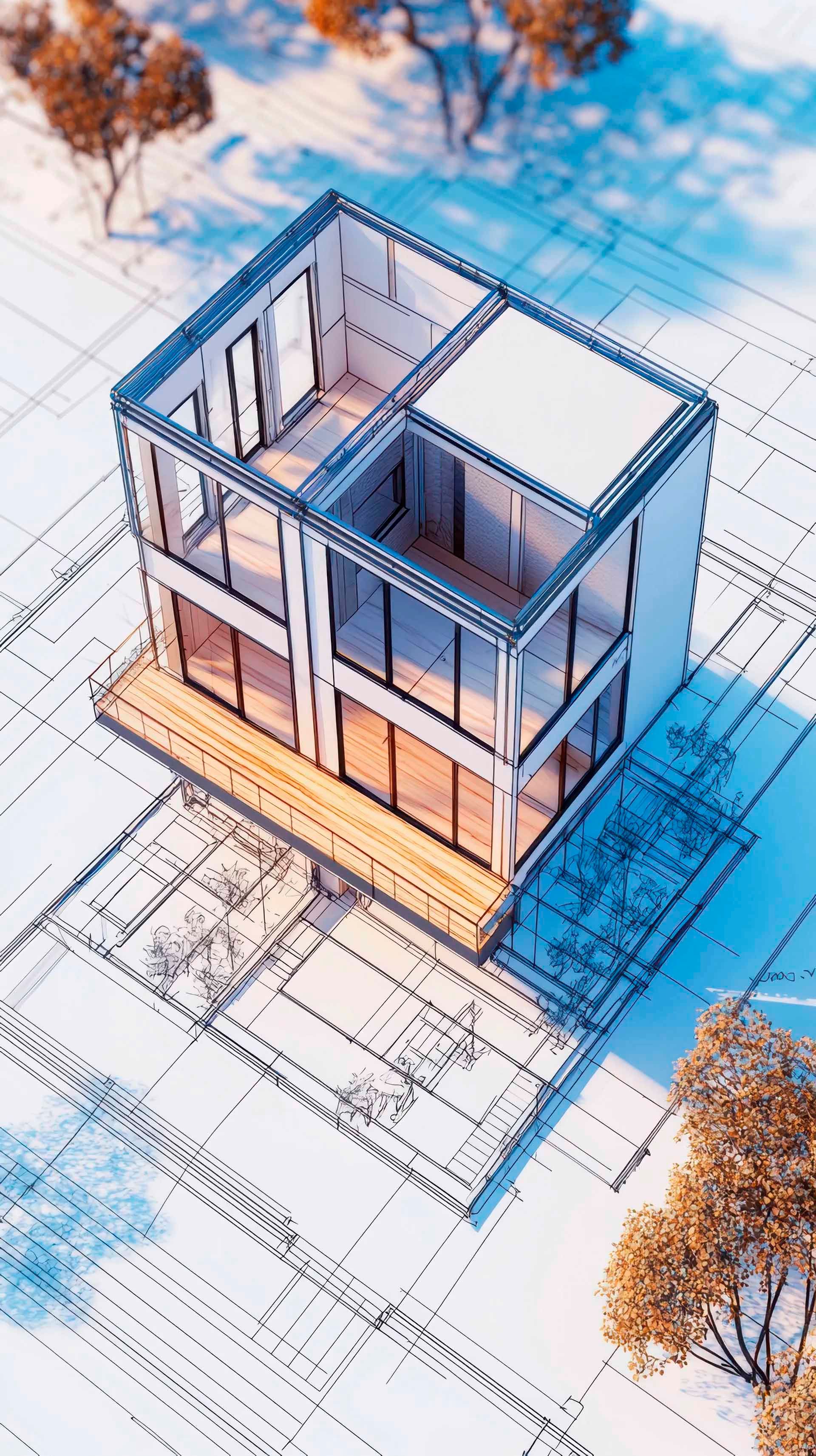 Une vue aérienne d'une maison modèle sur un plan.