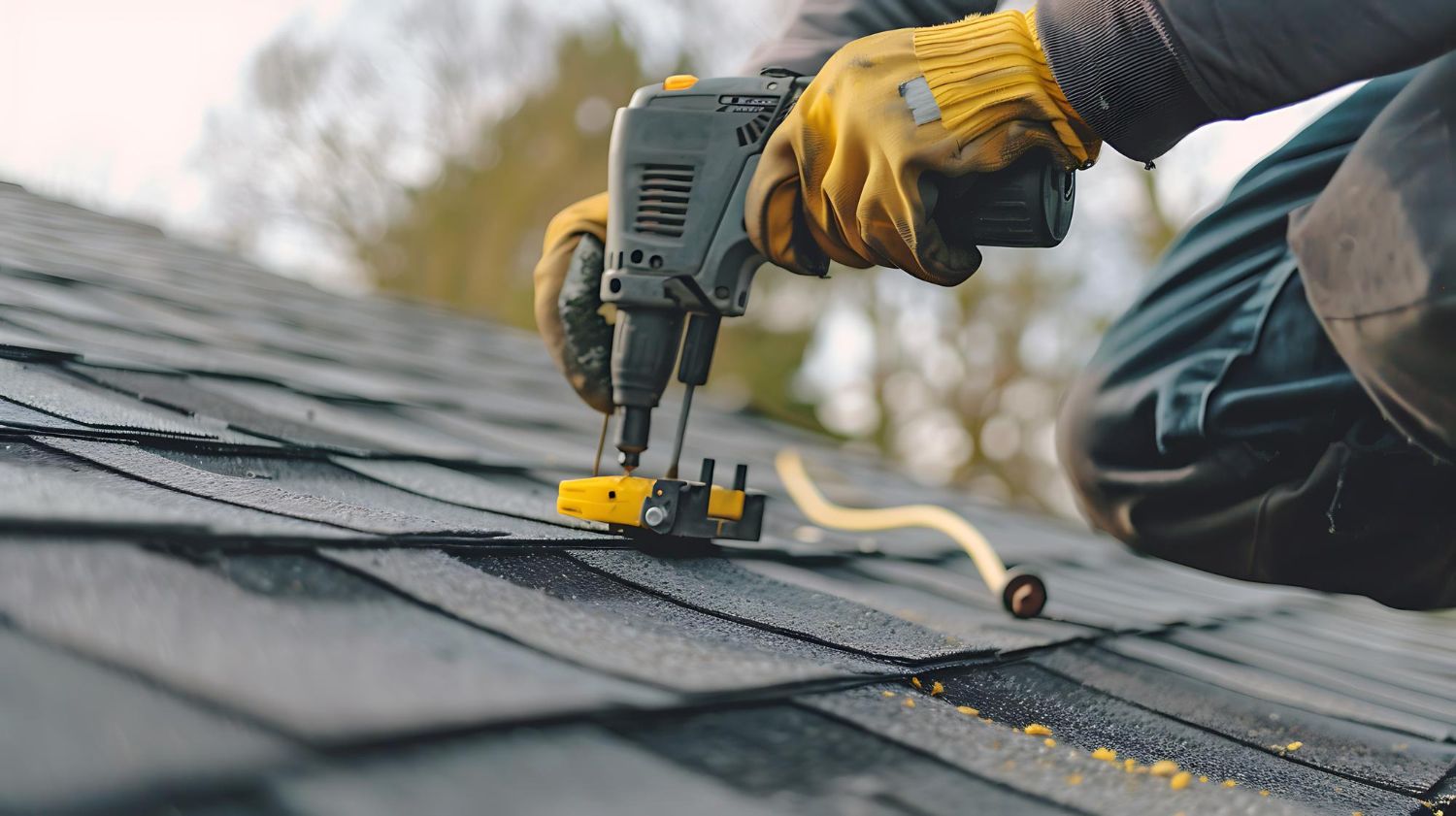 Worker using a drill to fasten shingles on a roof