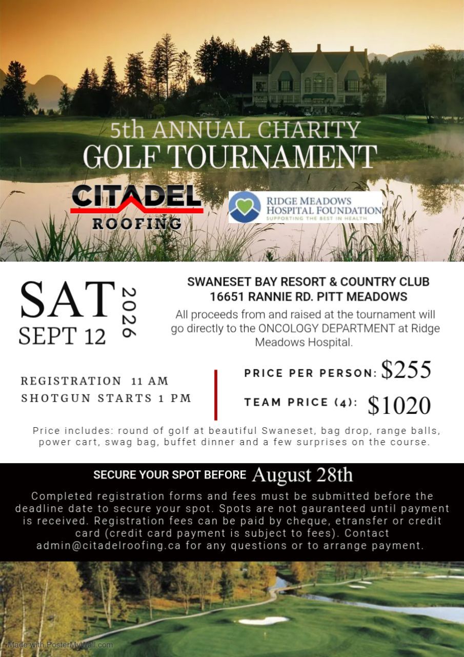 Golf tournament advertisement with lake and golf course, includes registration details, date, and sponsor logos.