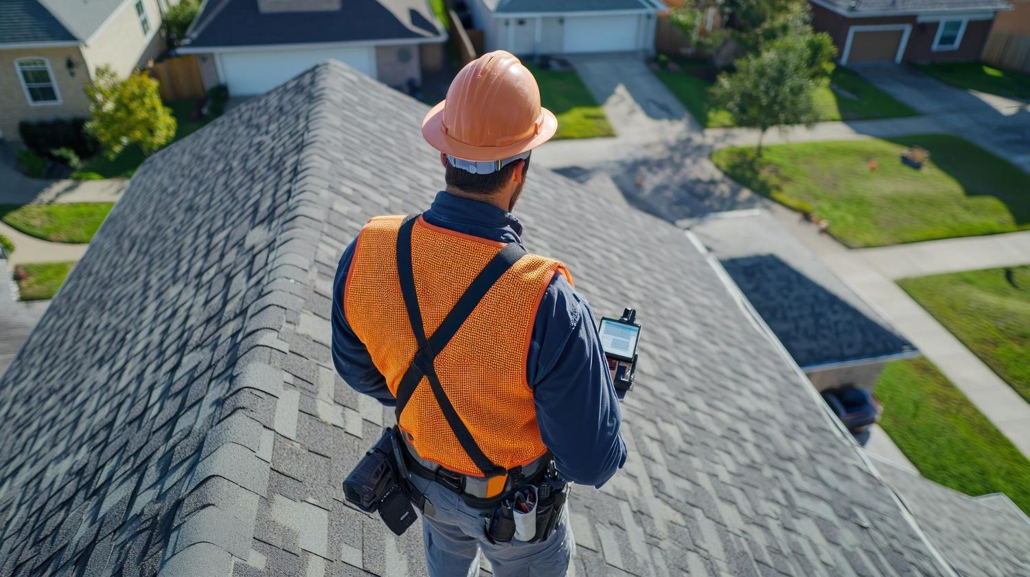 Roofer in orange vest and hard hat on a gray shingle roof, holding a tablet, residential neighborhood background.