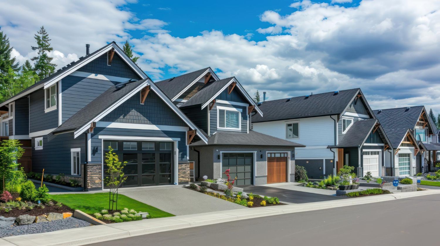 Row of modern homes with gray and white exteriors under a partly cloudy sky.