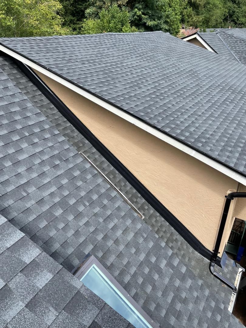 A close up of a roof of a house with a skylight.