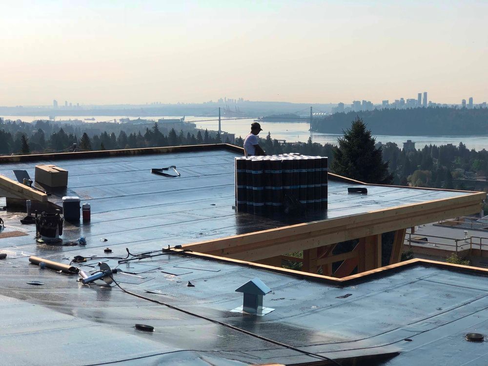 A man is standing on the roof of a building overlooking a body of water.