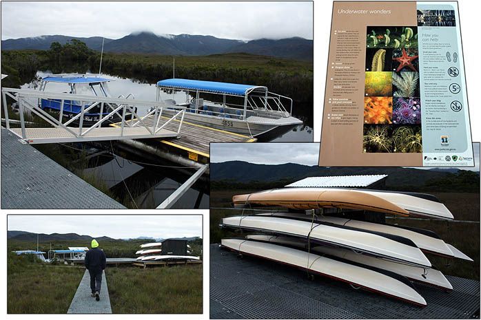 A collage of pictures shows a man walking on a boardwalk a boat and a stack of surfboards