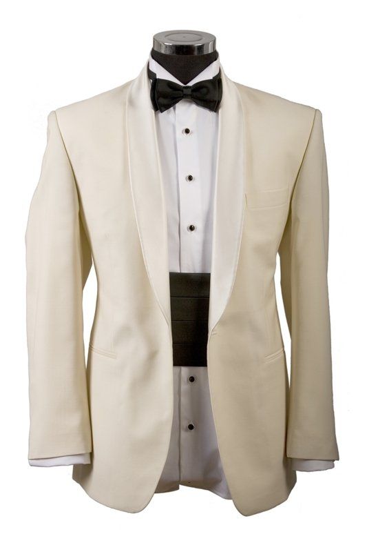 A white tuxedo with a black bow tie is on a mannequin.