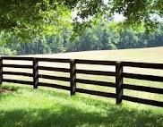 A wooden fence surrounds a grassy field with trees in the background.