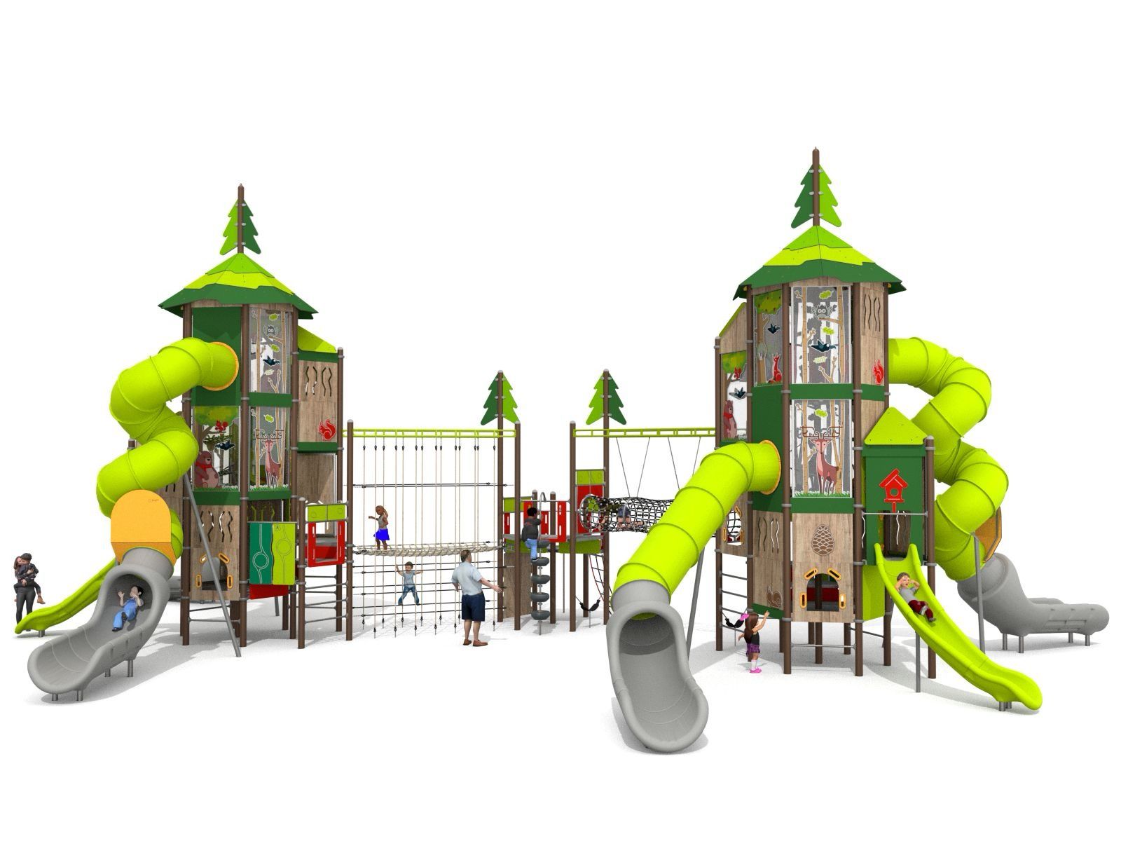 Twin Play tower multi unit with slides and climbing bridges