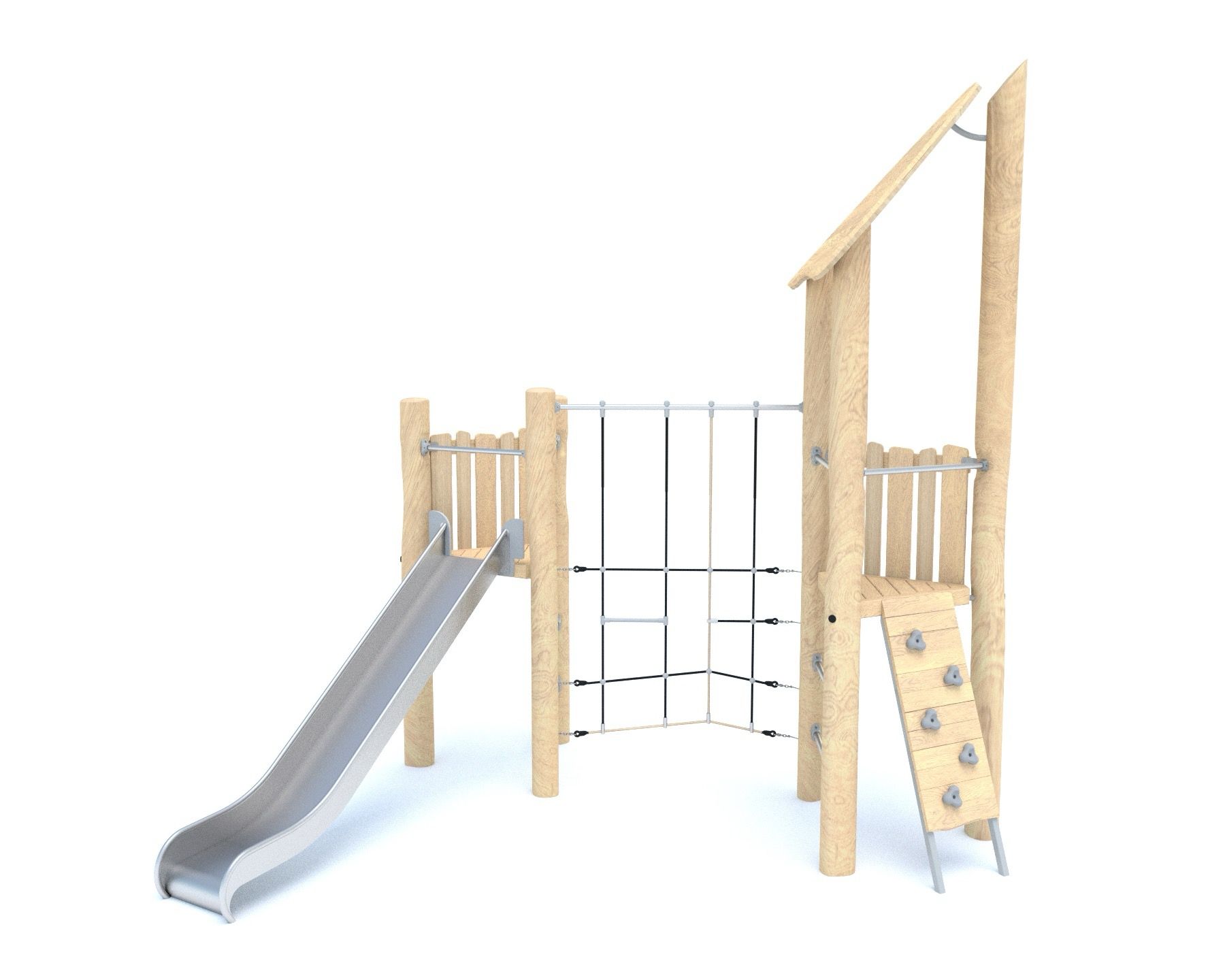 Play house with climbing net and slide