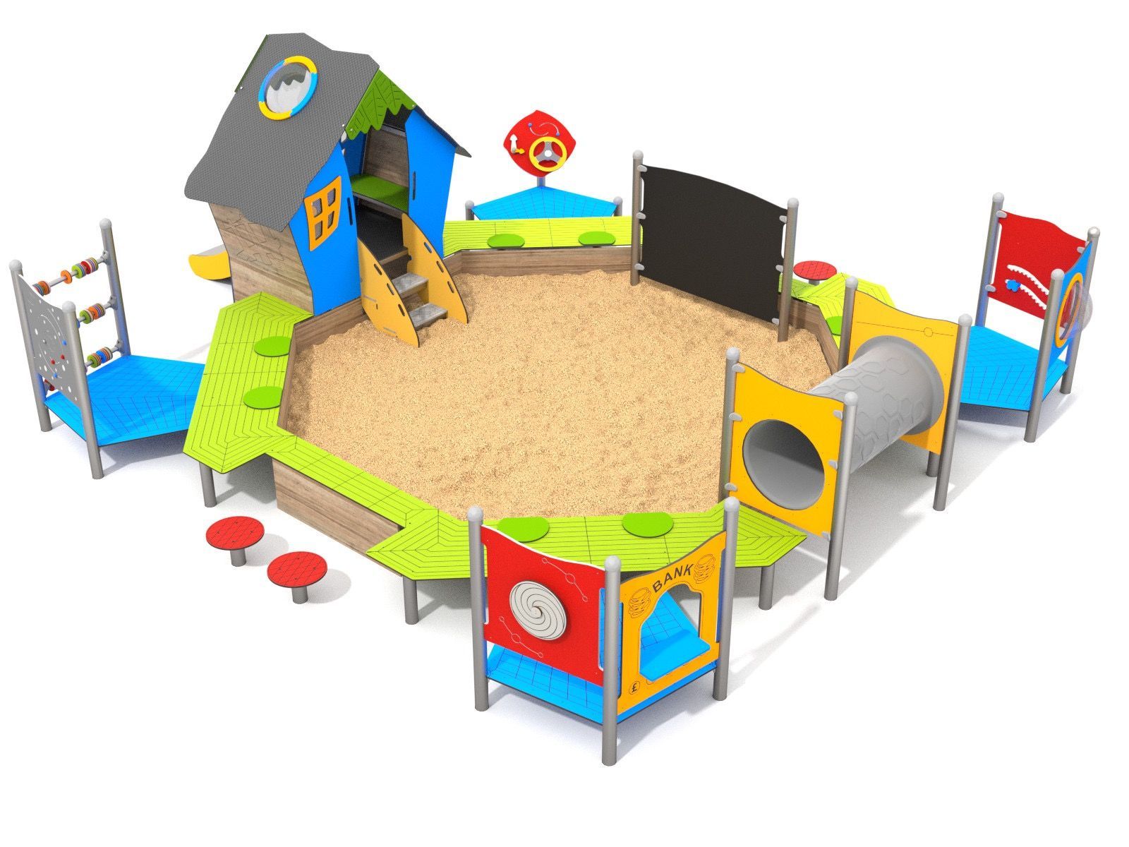 Large sand pit with play house, tunnel and seating