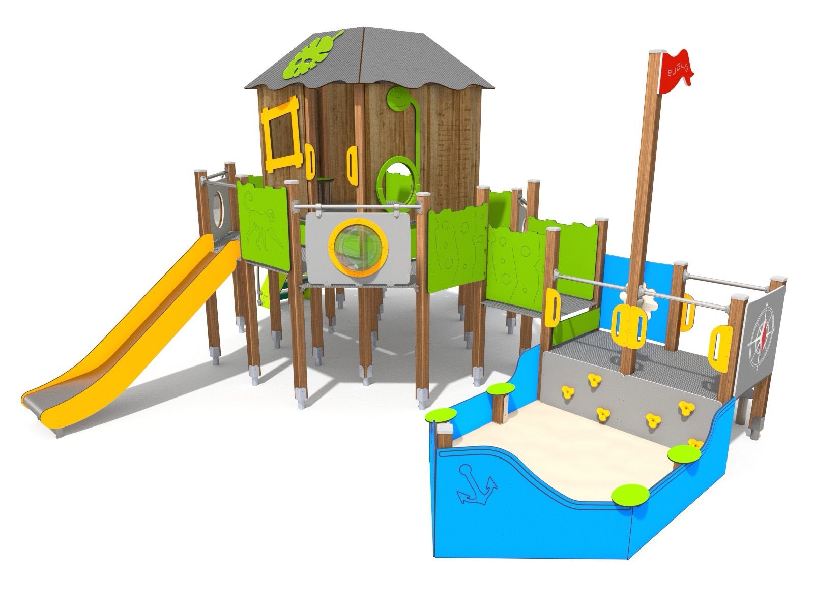 Play house with slide and ship sandpit