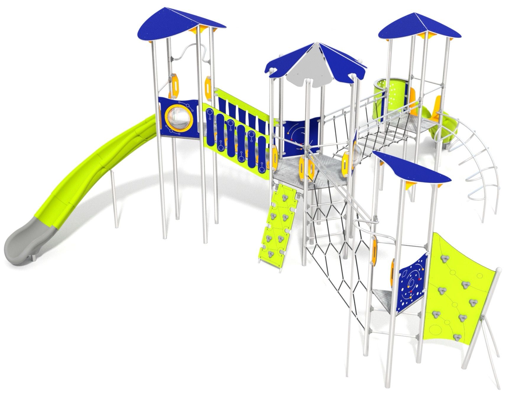 Play tower multi unit with slide and climbing nets