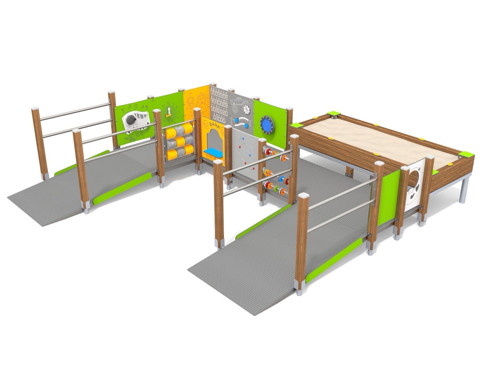 Ramped play unit with wheelchair accessible sandpit