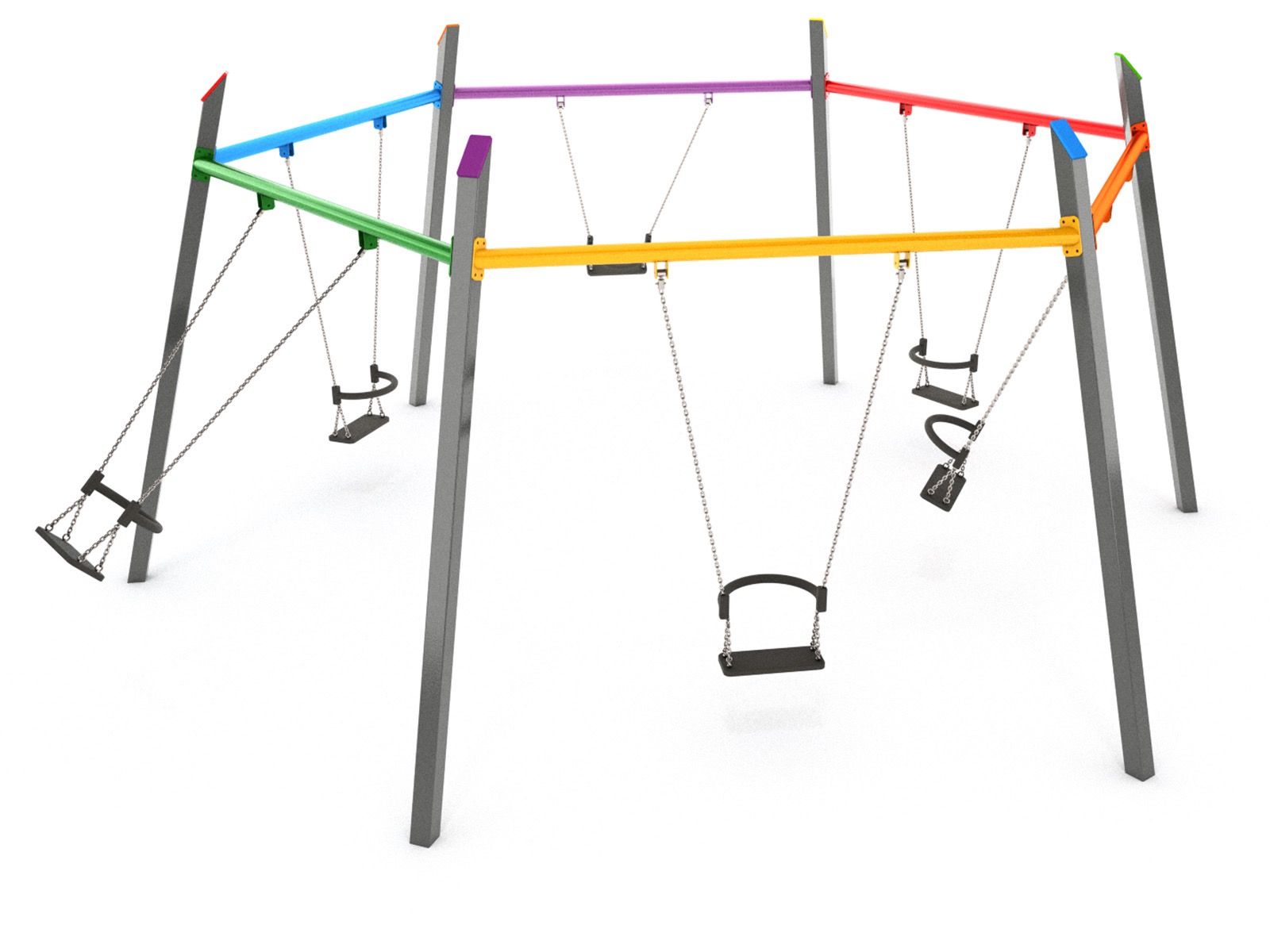 Play ground favourites from slides to swings, roundabouts, spinners, springers, play panels, see saws, trampolines