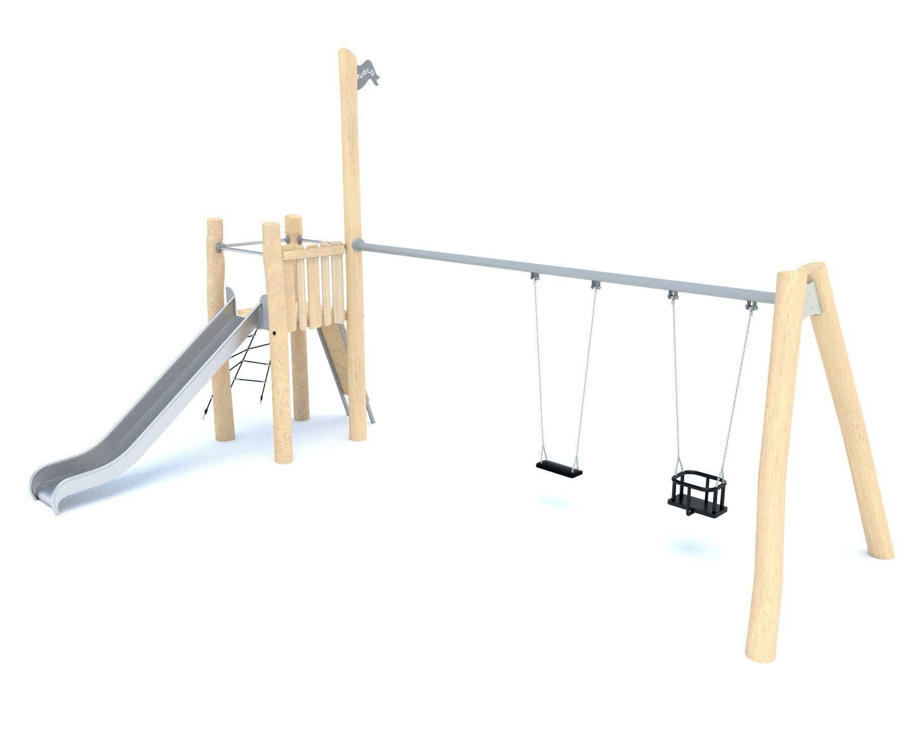 Play frame with tower, slide and swings