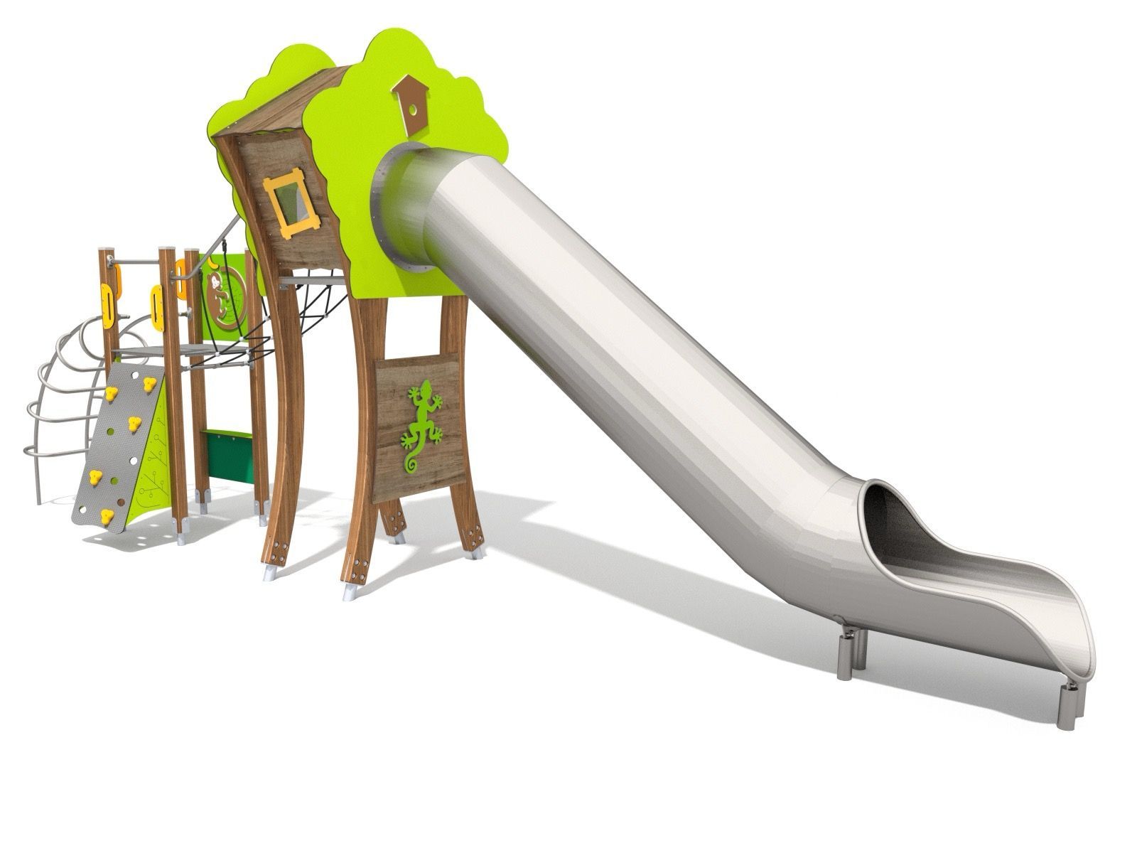 Play house with enclosed slide and climbing wall