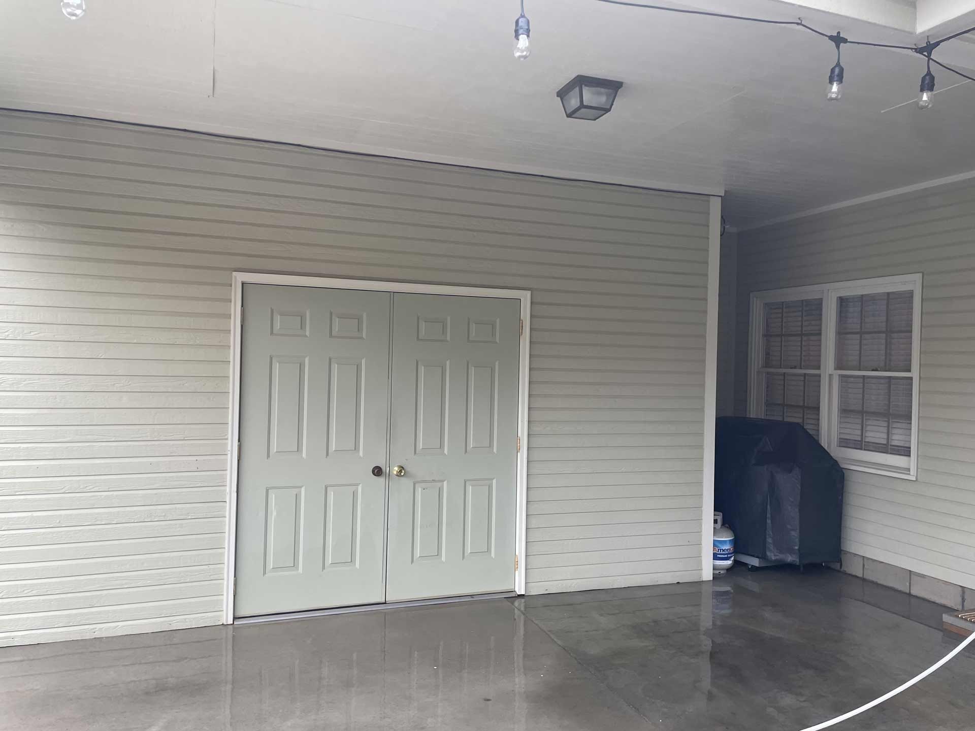 A garage with two doors