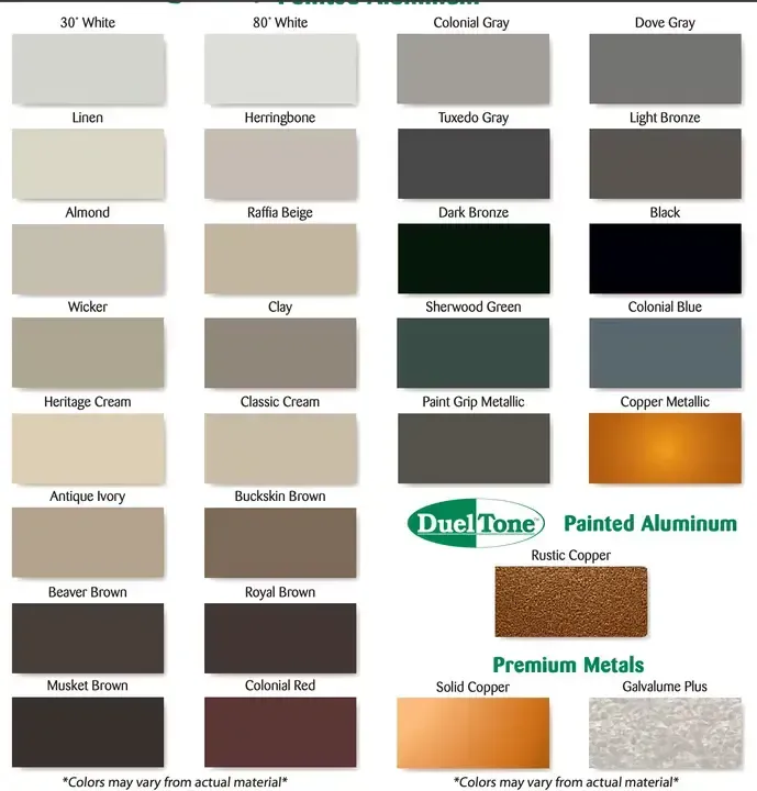 Color swatches for painted aluminum. Includes neutrals, darks, greens, blues, and metallic options like copper and gold.