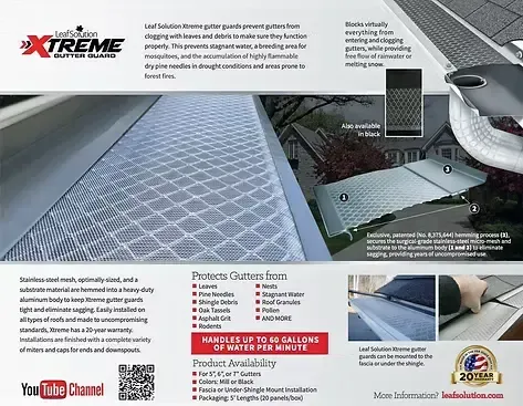 Gutter guard advertisement: Silver gutter guard installed on a house, preventing debris and allowing water flow.
