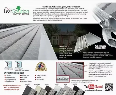 LeafSolution gutter protection product advertisement showing gutters and features.