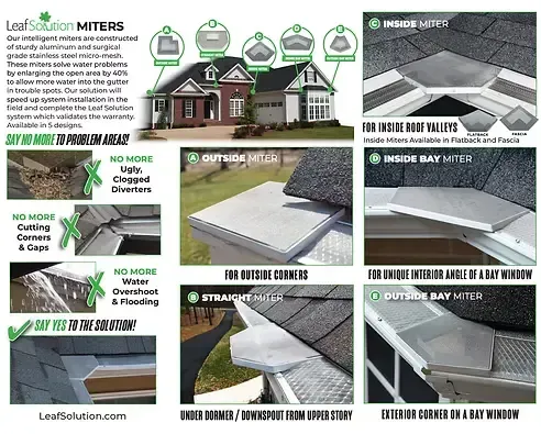 Leaf Solution miters, showcasing gutter corners and roofline installations on houses.