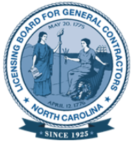 Seal for the North Carolina Licensing Board for General Contractors, featuring figures, dates, and text.