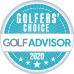 Golf Advisor Golfer's Choice 2020 award badge. Teal and white with text "Golfers' Choice" and "Golf Advisor."