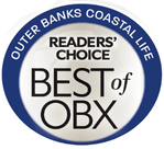 A blue and white circular badge for "Best of OBX" with text "Outer Banks Coastal Life" and "Readers' Choice."