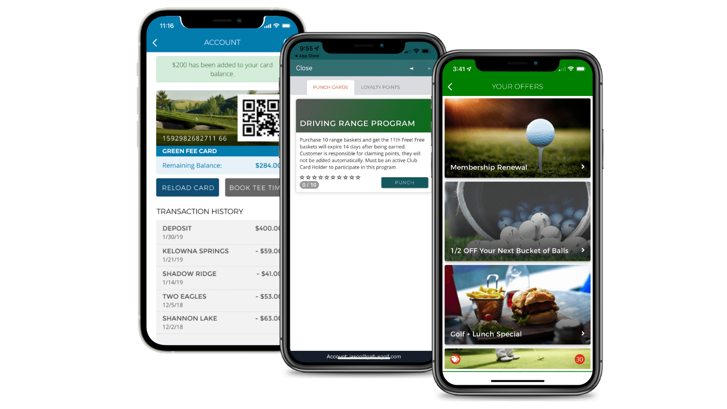 Three smartphones displaying golf-related app screens: ticket with a QR code, course details, and news feed.