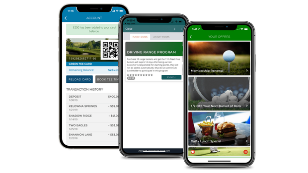 Three smartphones displaying different screens of a golf app, showcasing course info, news, and menu options.