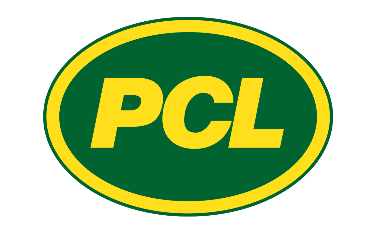 A green and yellow pcl logo on a white background