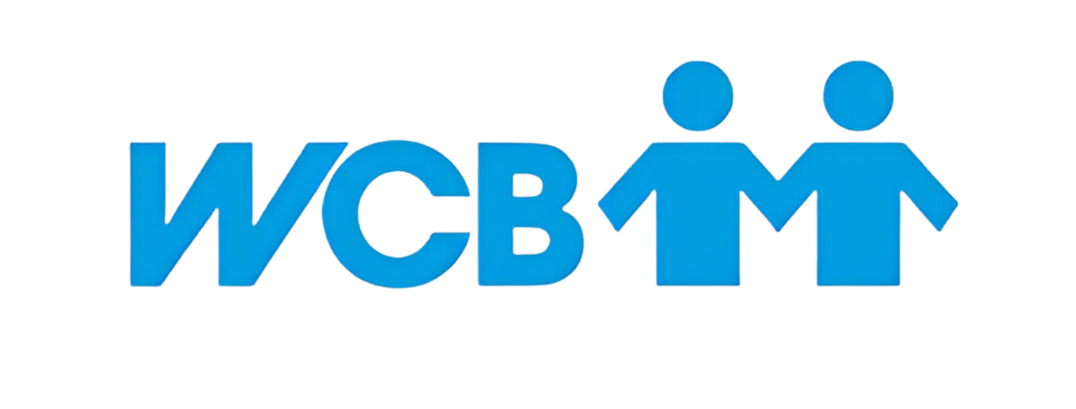 A blue logo for wcbm with two people on it