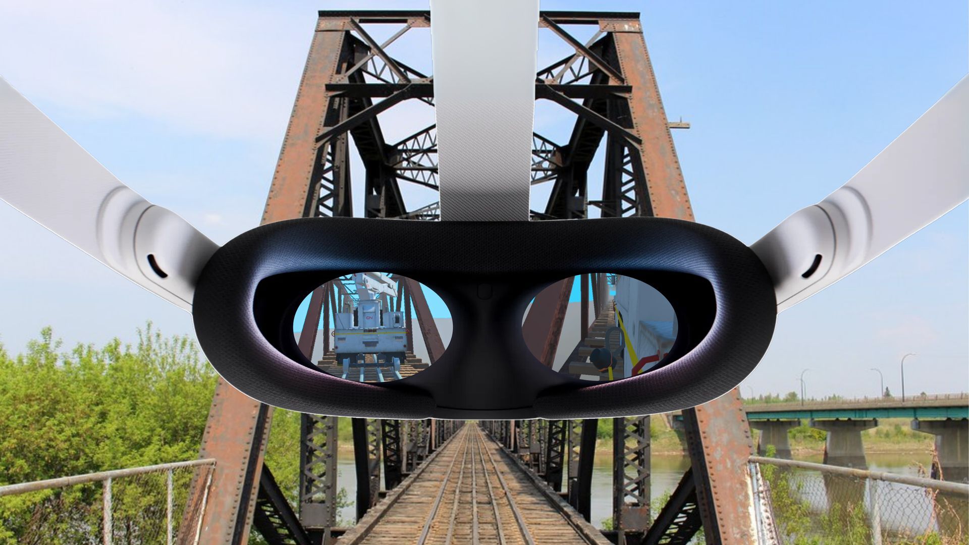 A person wearing a virtual reality headset is looking at a bridge.