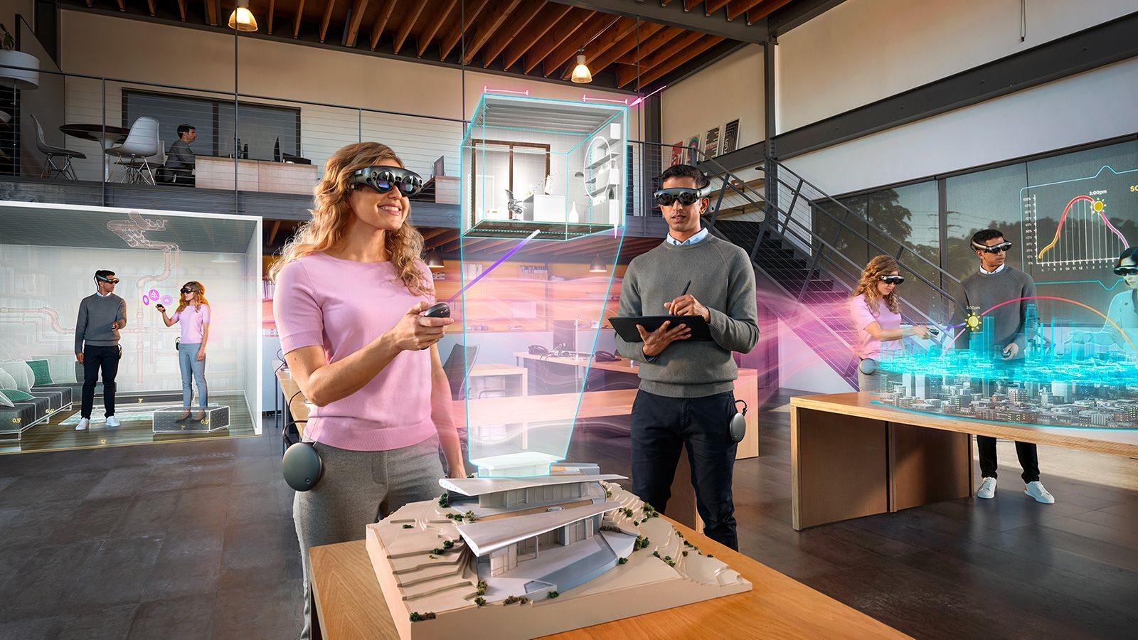 A man and a woman are wearing virtual reality headsets in a room.