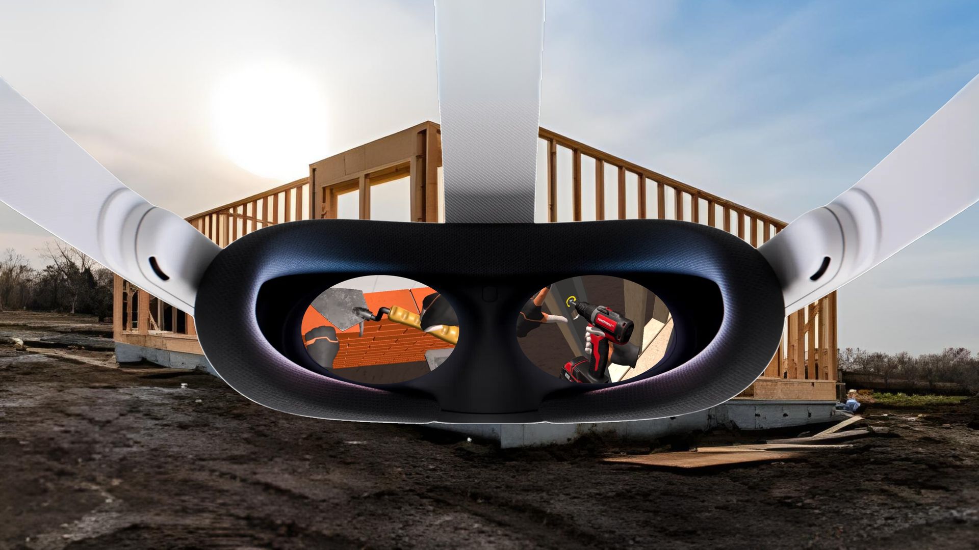 A person wearing a virtual reality headset is looking at a house under construction.