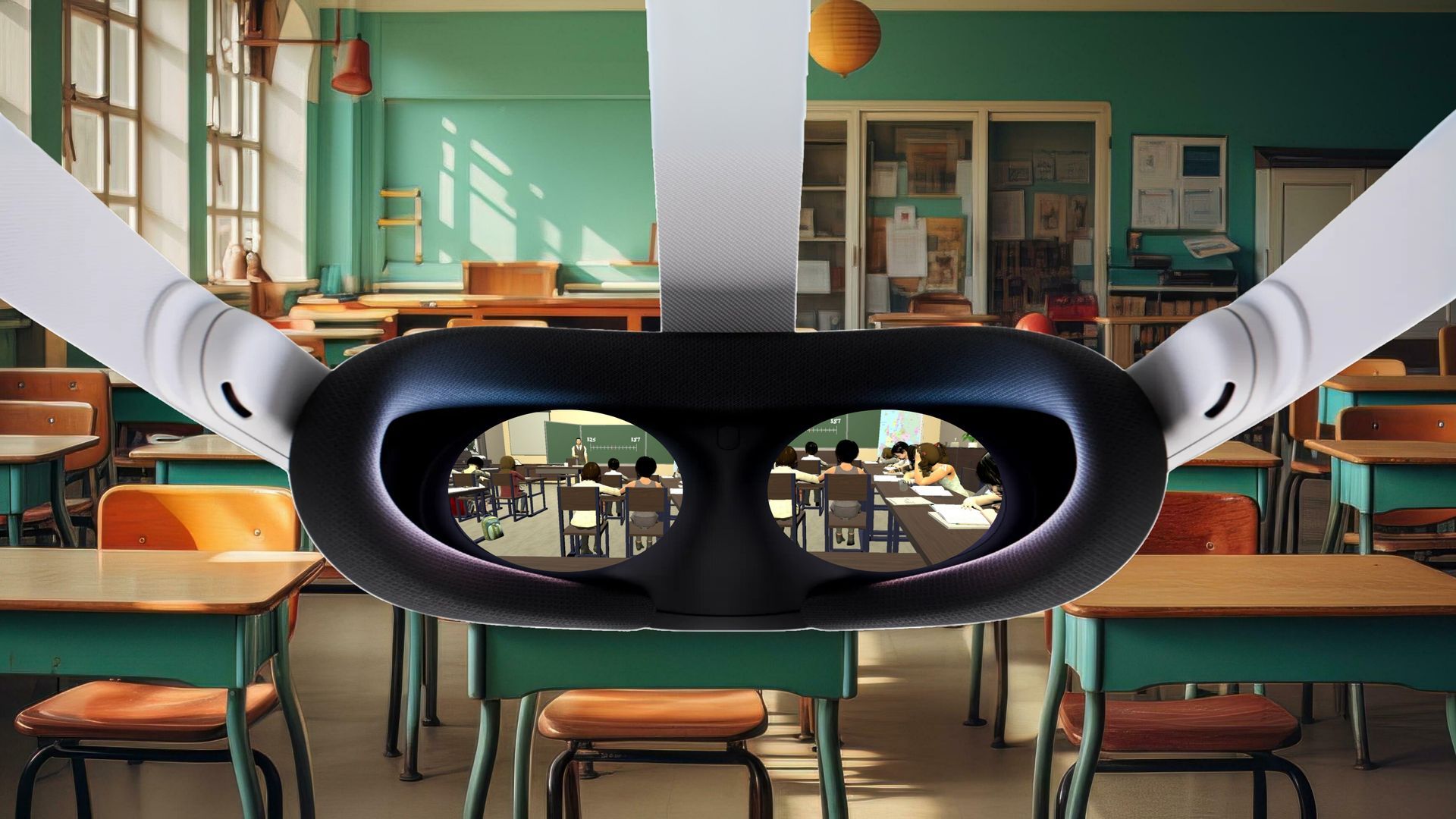 A person is wearing a virtual reality headset in a classroom.