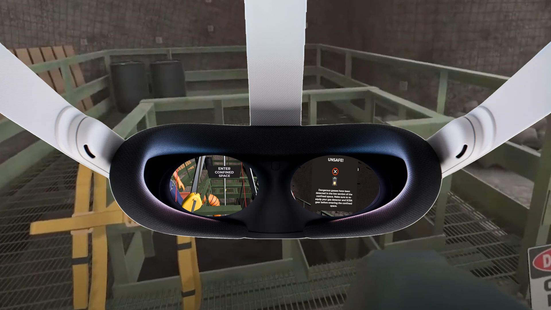 A person wearing a virtual reality headset is playing a video game.
